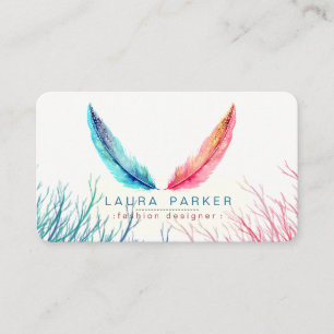 Blaue Rosa Federn Wasserfarbe Boho Türkis Visitenkarte
