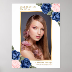 Blaue rosa florale Gedenk- Trauerfoto- Willkommens Poster