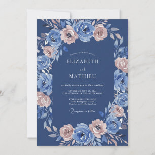 Blaue Rosa Romantische Florale Hochzeit Einladung