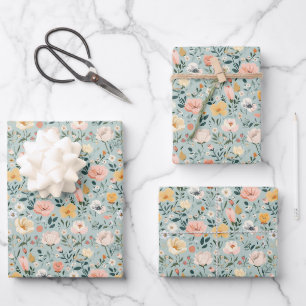 Blaue Rosa Weiße Blumen Geburtstags- Brautparty Geschenkpapier Set