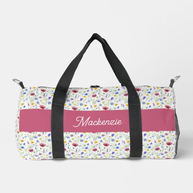 Blaue rosa Wildblumen Wasserfarbe-Monogramm-Name  Duffle Bag (Vorderseite)