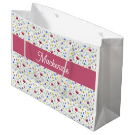 Blaue rosa Wildblumen Wasserfarbe Monogramm Name Große Geschenktüte