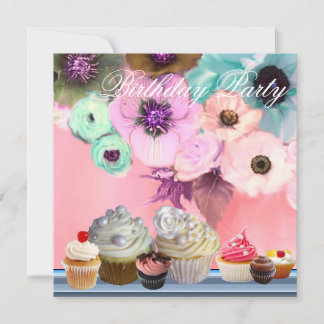 BLAUE ROSE ANEMONE BLUME UND KUPCAKEN Geburtstag Einladung