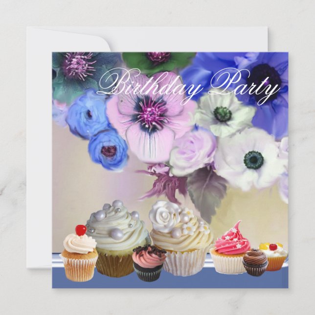 BLAUE ROSE ANEMONE BLUME UND KUPCAKEN Geburtstag Einladung (Vorderseite)