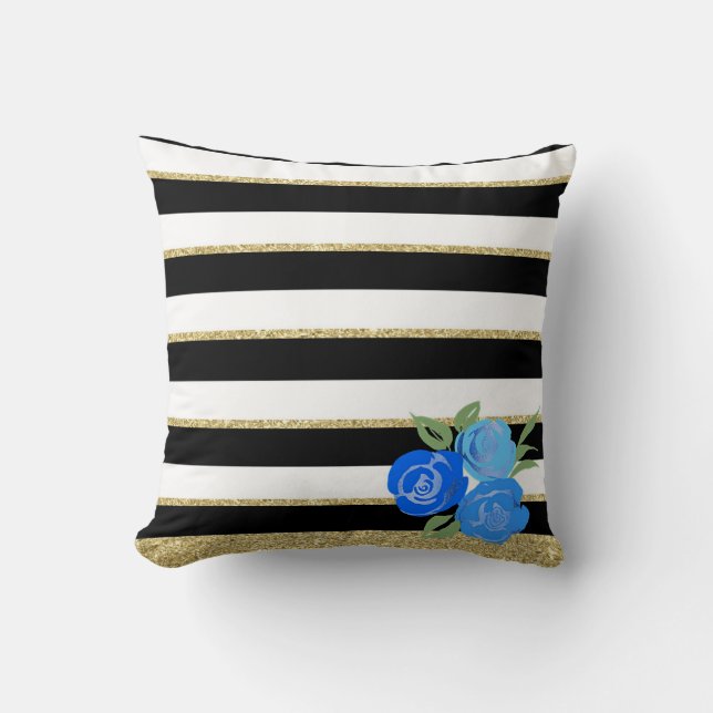 Blaue Rose auf Schwarz, Weiß, Goldränder Kissen (Vorderseite)