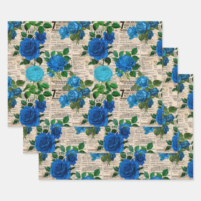 Blaue Rose auf Vintagem Zeitungspapier Geschenkpapier Set (Set)
