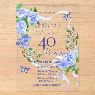Blaue Rose Band 40. Geburtstagseinladung Acryleinladungen