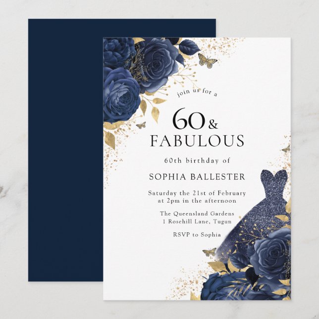 Blaue Rose & Dress Gold 60 & Fabulous 60. Einladung (Vorne/Hinten)