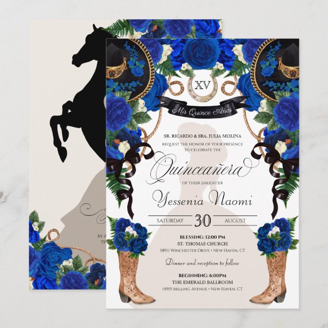 Blaue Rose Eleganter Western Charro Quinceañera Einladung (Vorne/Hinten)