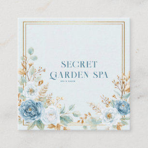 Blaue Rose Floral Goldrahmen Aquarell Salbei Quadratische Visitenkarte