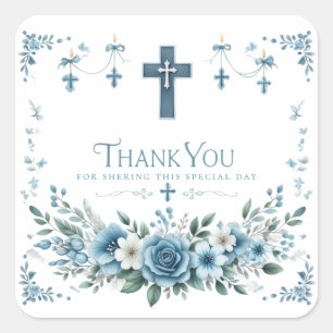 Blaue Rose & Florales Kreuz Tauf Danke Aufkleber