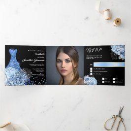 Blaue Rose FOTO Quinceanera Blumen Glitzer Dreifach Gefaltete Einladung