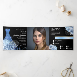 Blaue Rose FOTO Quinceanera Blumen Glitzer Dreifach Gefaltete Einladung