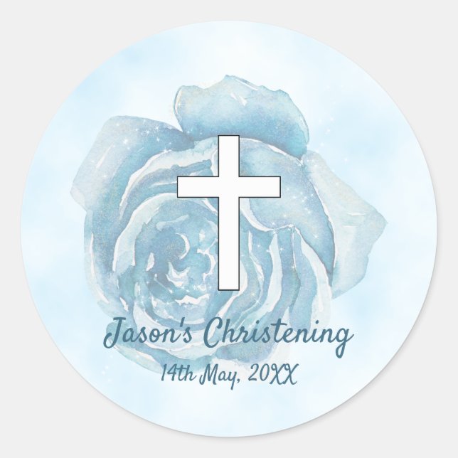 Blaue Rose funkelnder Junge Christening Runder Aufkleber (Vorderseite)