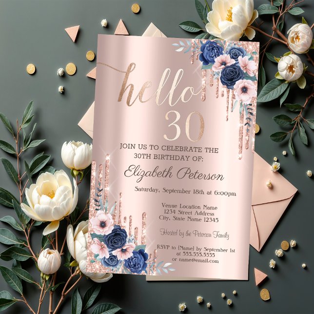 Blaue Rose, Glitzer Tropfen Rose Gold 30. Geburtst Einladung (Von Creator hochgeladen)