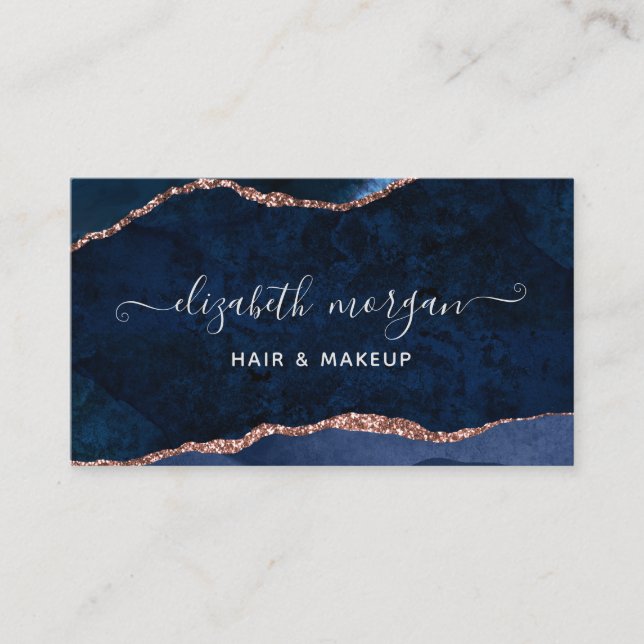 Blaue Rose Gold Agate Geode Wasserfarbenmarmor Visitenkarte (Vorderseite)