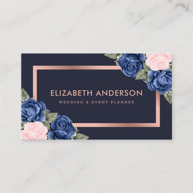 Blaue Rose Gold Aquarellfarben Visitenkarte (Vorderseite)