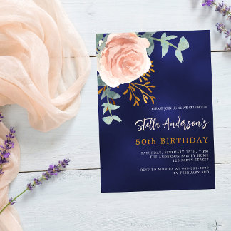 Blaue Rose Gold Blumengrün Geburtstag Einladung