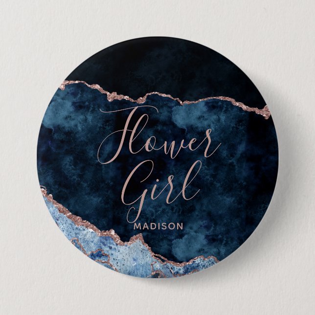 Blaue Rose Gold Foil Agate Marble Flower Girl Button (Vorderseite)