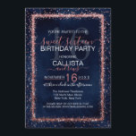 Blaue Rose Gold Sprinkled Confetti Sweet 16 Einladung<br><div class="desc">Die elegante, glamouröse und moderne 16 . Geburtstag Geburtstagsfeier lädt zum zeitgenössischen und stilvollen Event ein. Es verfügt über ein Imitat bedruckt rosa Rosgold funkelnd Glitzer bestreut Konfetti Rand auf einem künstlerischen marineblauen blaue Aquarell Hintergrund. Auf der Rückseite wird der gleiche Glitzer angezeigt, aber über die ganze Seite mit dem...</div>