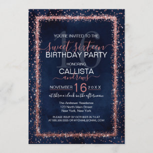 Blaue Rose Gold Sprinkled Confetti Sweet 16 Einladung