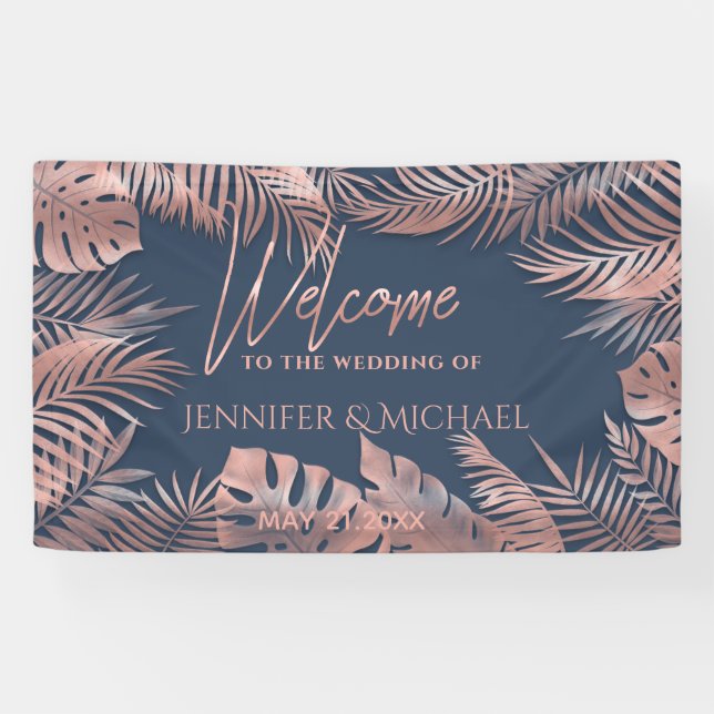 Blaue Rose Goldfolie tropische Blätter romantisch Banner (Horizontal)