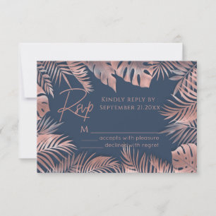 Blaue Rose Goldfolie tropische Blätter romantisch RSVP Karte