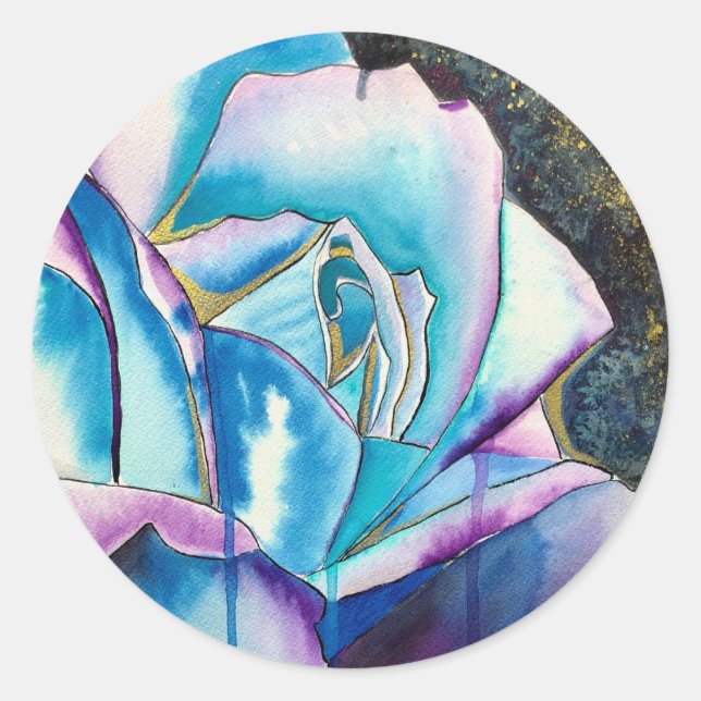 Blaue Rose Gothic Originalkunst Runder Aufkleber (Vorderseite)