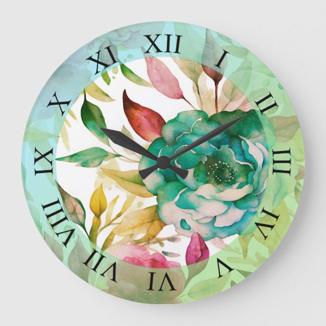 Blaue Rose Lila Aquarellblüten Große Wanduhr (Vorderseite)