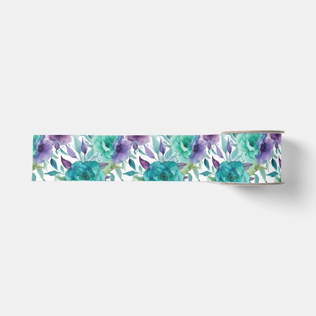 Blaue Rose Lila Aquarellblüten Ripsband (Vorderseite)