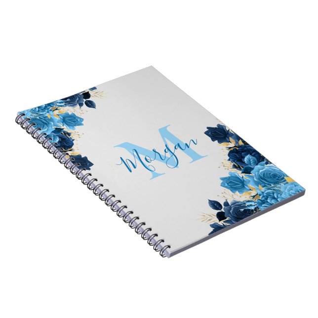 Blaue Rose mit Gold-Glitzer-Script Mit Monogramm Notizblock (Rechte Seite)