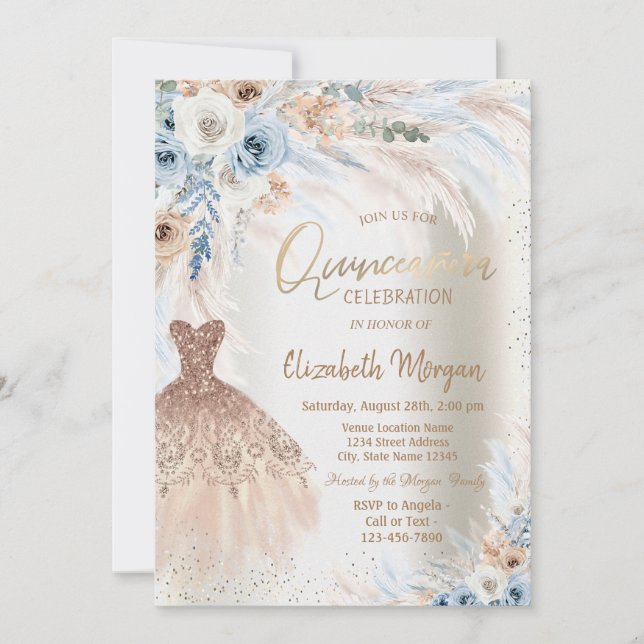 Blaue Rose Pampas Grass Dress Quinceanera Einladung (Vorderseite)