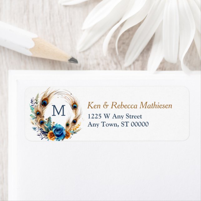 Blaue Rose Peacock-Wreath-Monogramm-Rücksendeadres (Insitu)