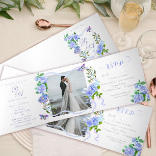 Blaue Rose-Ribbon-Monogramm-Foto-Hochzeitseinladun Dreifach Gefaltete Ankündigung