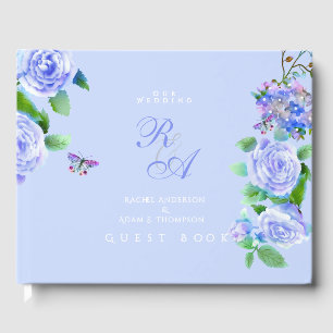 Blaue Rose-Ribbon Monogramm-Hochzeit Gästebuch