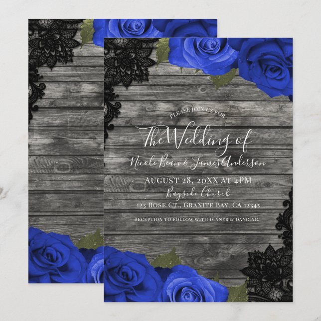 Blaue Rose Rustikale Hochzeit aus Holz Einladung (Vorne/Hinten)