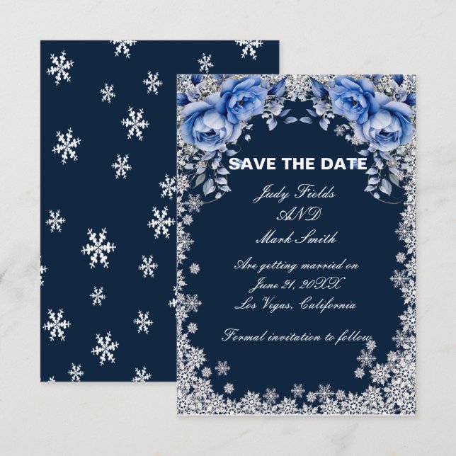 Blaue Rose Schneeflocken Weihnachtskarte Save the  Date (Vorne/Hinten)