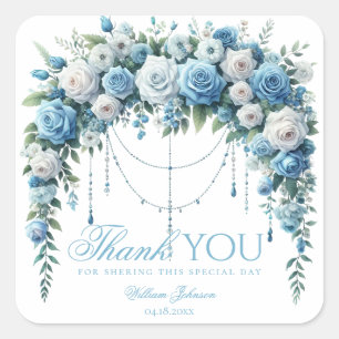Blaue Rose & Silberkreuz Tauf Danke Aufkleber