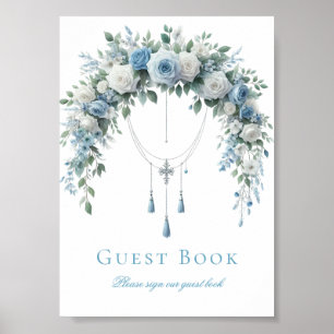 Blaue Rose & Silberkreuz Taufgästebuch-Schild Poster