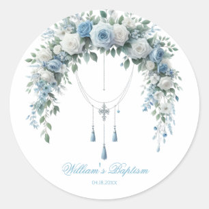 Blaue Rose & Silberkreuz Taufgeschenk-Aufkleber Runder Aufkleber
