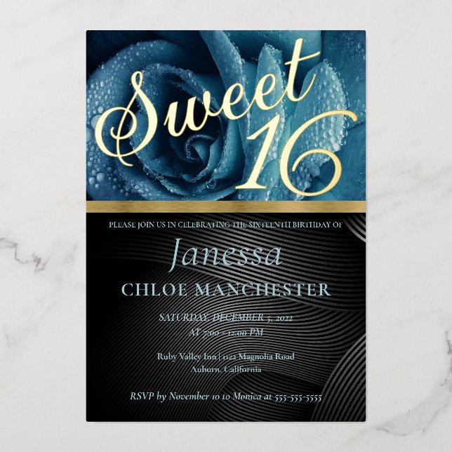 Blaue Rose Sweet 16 Einladung Foil (Vorderseite)
