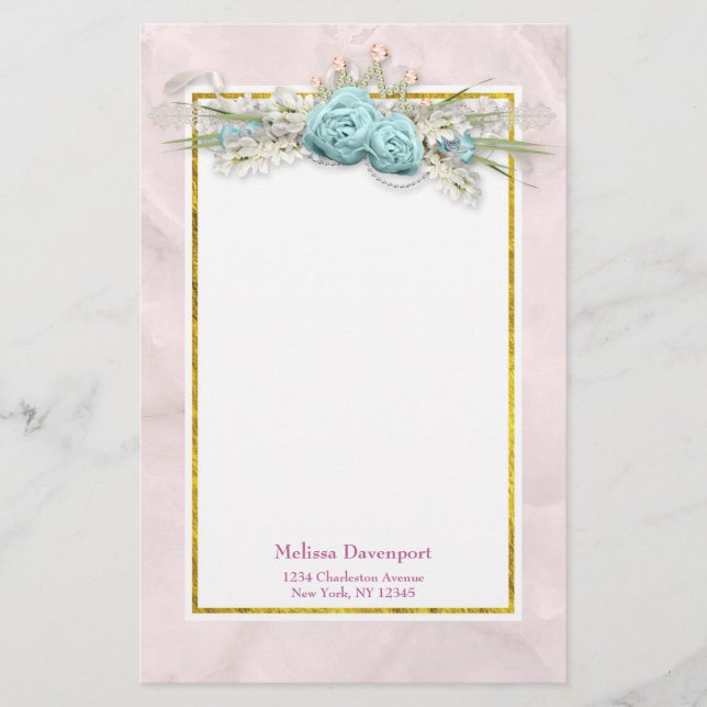 Blaue Rose und Crown Floral Bouquet Briefpapier (Vorderseite)