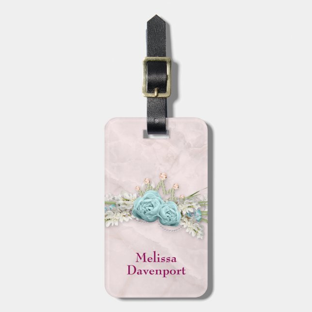 Blaue Rose und Crown Floral Bouquet Gepäckanhänger (Vorderseite vertikal)