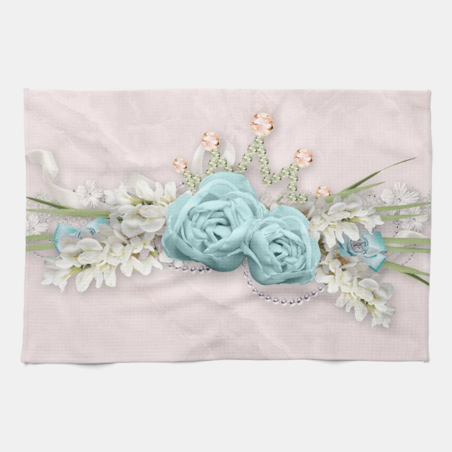 Blaue Rose und Crown Floral Bouquet Geschirrtuch (Horizontal)