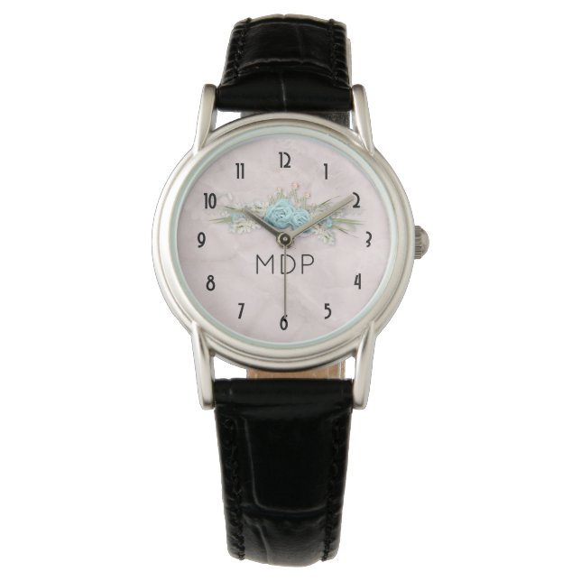 Blaue Rose und Crown Floral Bouquet Monogram Armbanduhr (Vorderseite)