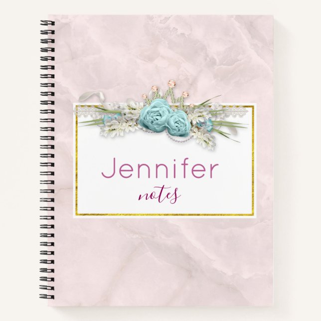 Blaue Rose und Crown Floral Bouquet Notizbuch (Vorderseite)