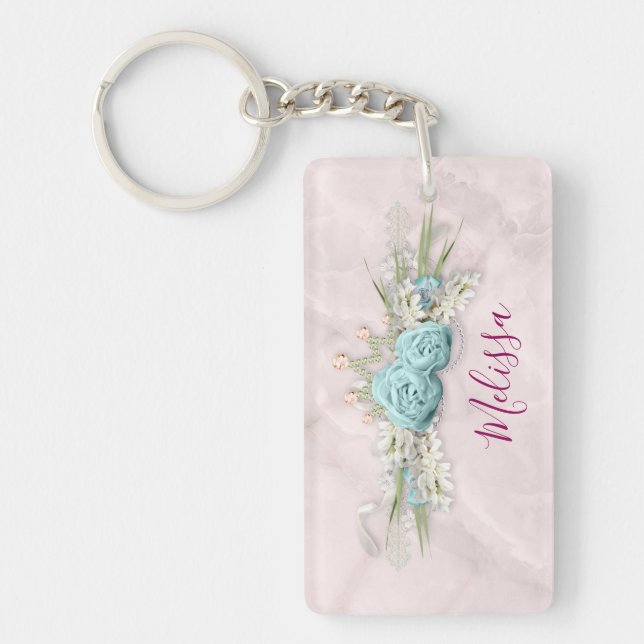 Blaue Rose und Crown Floral Bouquet Schlüsselanhänger (Vorderseite)
