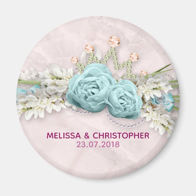 Blaue Rose und Crown Floral Bouquet Wedding Magnet (Vorne)