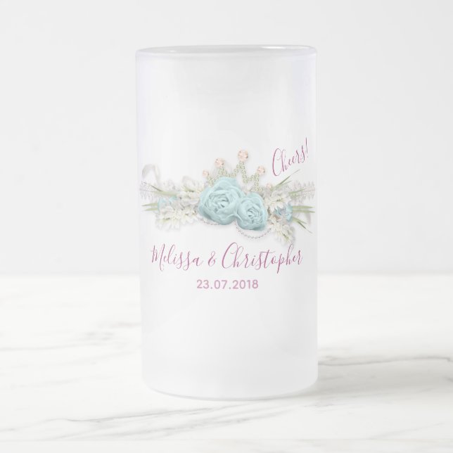 Blaue Rose und Crown Floral Bouquet Wedding Mattglas Bierglas (Mittel)