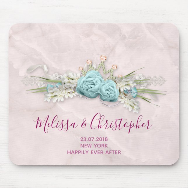 Blaue Rose und Crown Floral Bouquet Wedding Mousepad (Vorne)